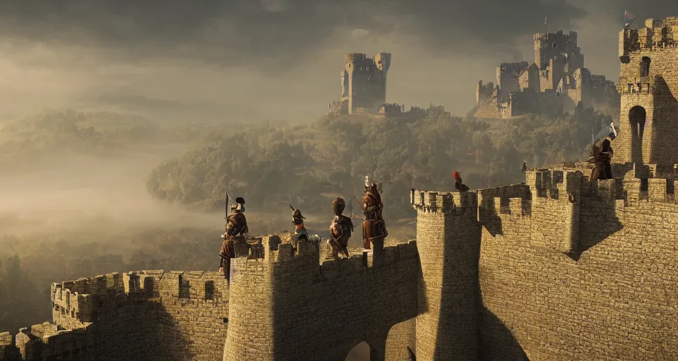 Image similar to three medieval soldiers atop a castle wall looking over a vast medieval kingdom rule by an evil king. it is a quiet morning. mist, epic, cinematic, volumetric lighting, fantasy style, highly - detailed, unreal 5, realism