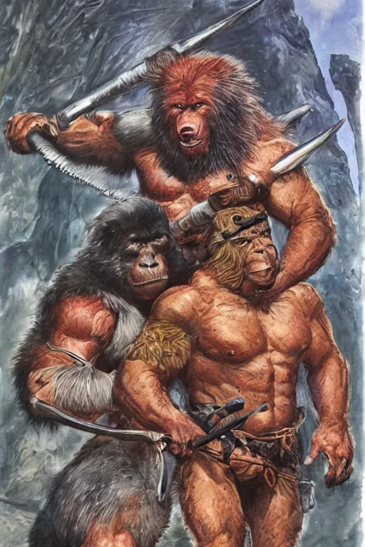 Prompt: A full-color airbrushed, ultra-detailed, hyperrealistic, photorealistic, mixed media, fineliner illustration of a barbarian warrior battling a bear-like ape man, by John Buscema, Simon Bisley and Bill Sienkiewicz, trending on marvel, trending on artstation