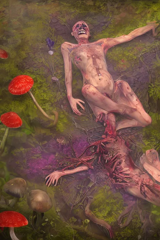 Prompt: dead body decaying on the forest floor, flowers and mushrooms grow from the body, god rays, concept art, painting