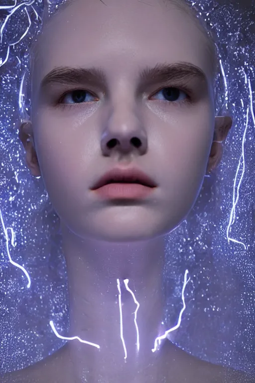 Prompt: full head and shoulders, beautiful porcelain female person, large electrical gold sparks, glowing lightening, delicate facial features, white detailed eyes, white lashes, on black background, by daniel arsham and james jean