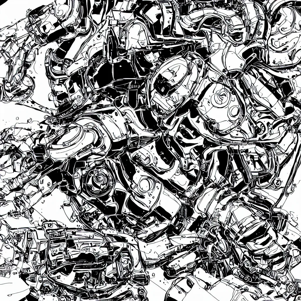 Prompt: a hard surface ultradetailed mechanical robot in middle of nature black and white comic book style