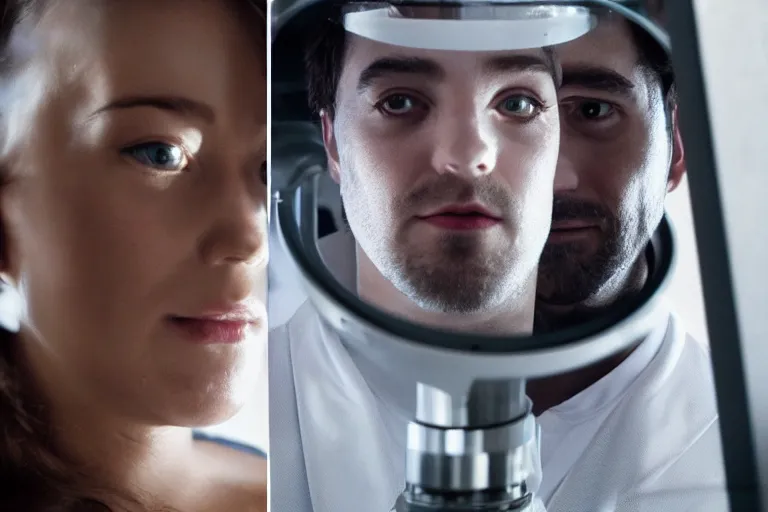 Image similar to movie closeup polar opposites, couple, researchers in a futuristic lab building inter dimensional portal machine, beautiful skin, Symmetrical faces. Beautiful lighting by Emmanuel Lubezki