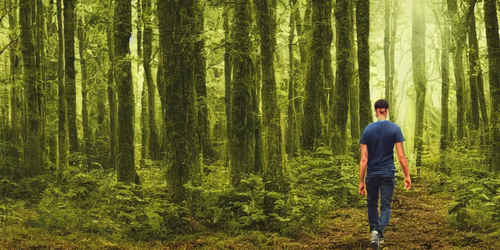 Image similar to fotorealistic image of a young man walking in the forest