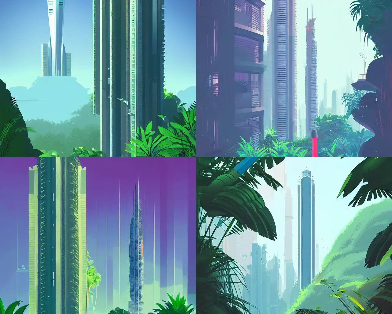 Prompt: futuristic skyscraper emerging from a dense jungle by james gilleard