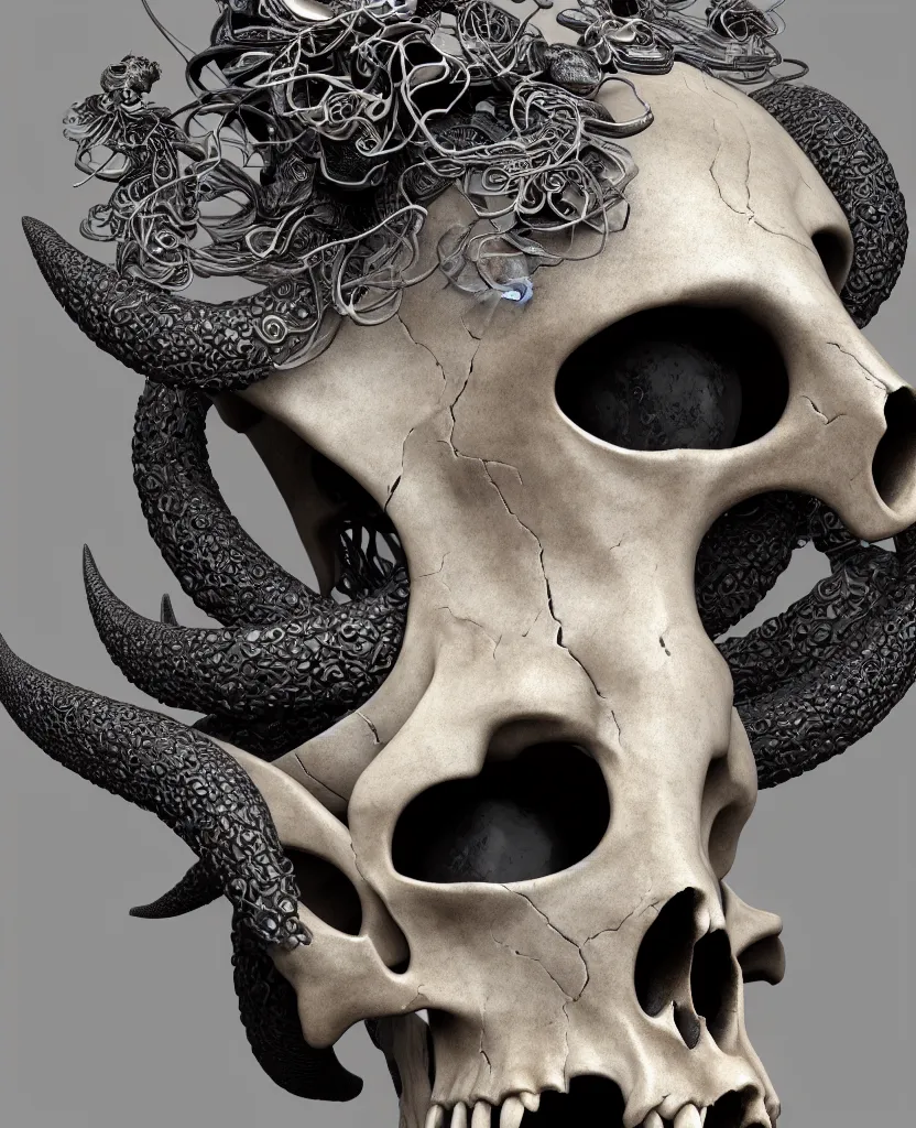 Image similar to goddess princess face close-up portrait ram skull. sculpture made of black stone. jellyfish phoenix head, nautilus, orchid, skull, betta fish, bioluminiscent creatures, intricate artwork by Tooth Wu and wlop and beeple. octane render, trending on artstation, greg rutkowski very coherent symmetrical artwork. cinematic, hyper realism, high detail, octane render, 8k