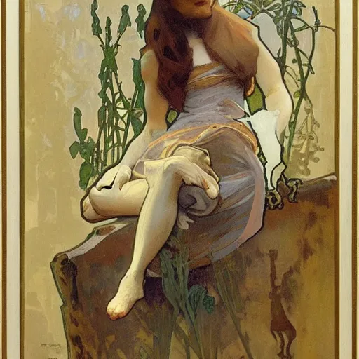 Image similar to an animal portrait of a wolf by alphonse mucha and gregory manchess