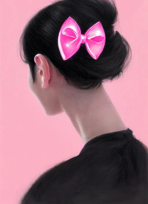 Image similar to portrait of teenage girl, realistic, black hair, bangs, half updo hairstyle, pointy nose, skinny, smile, ugly, defined jawline, big chin, pink hair bow, earrings, intricate, elegant, glowing lights, highly detailed, digital painting, artstation, sharp focus, illustration, art by wlop, mars ravelo and greg rutkowski