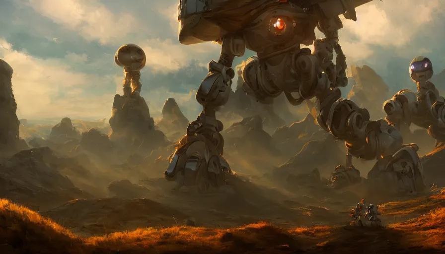 Prompt: robots! painting landscapes on canvases, cinematic lighting, 4 k