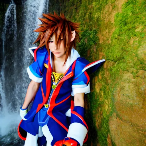 Image similar to kingdom hearts sora cosplay near waterfall close up low angle 85mm