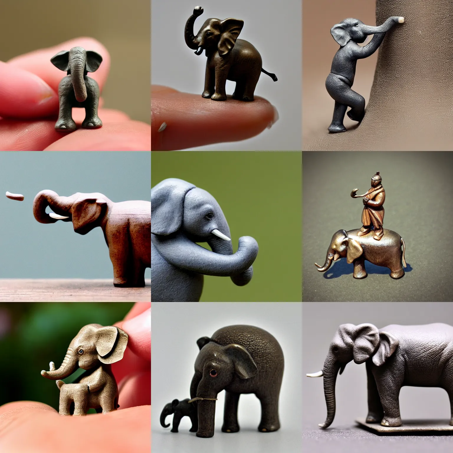 Prompt: miniature figure of an elephant on a finger