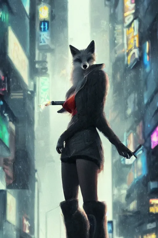 Prompt: beautiful portrait of a tall white female anthro fox smoking a cigarette towering head and shoulders above the bustling crowd of a rainy city street around her, cyberpunk clothes, cyberpunk, harsh neon lights, highly detailed, sharp focus, digital painting, illustration, trending on artstation, art by sakimichan, wlop, greg rutkowski