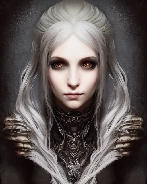 Image similar to portrait of a beautiful female elf with shimmering hair, symmetrical face and eyes, cgsociety, Elden Ring, Dark Souls, Bloodborne