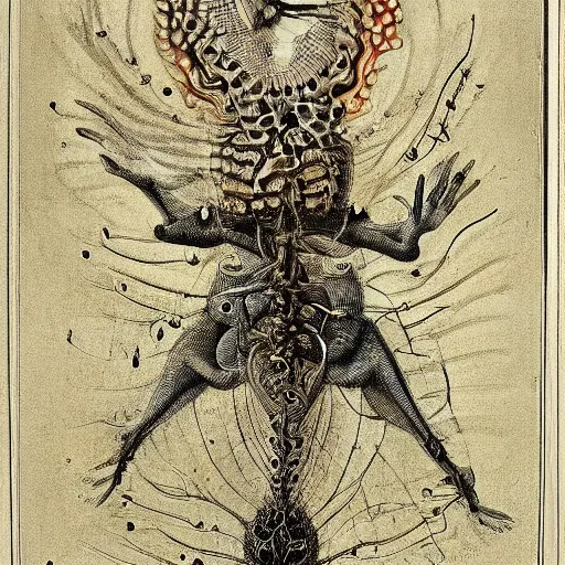 Image similar to whimsical freaky creature sings a unique canto about \'as above so below\' being ignited by the spirit of Haeckel and Robert Fludd, breakthrough is iminent, glory be to the magic within