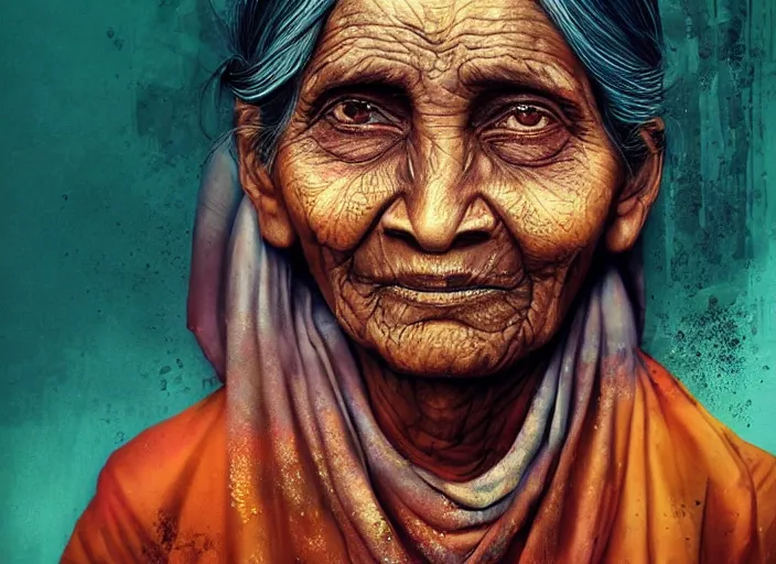 Prompt: an old wrinkled indian woman portrait, photorealistic, highly detailed, art by simon stalenhag, raymond swanlad and alberto seveso