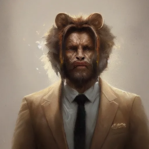 Image similar to A portrait of Lion, in a suit, fantasy art, art by greg rutkowski, matte painting, trending on artstation