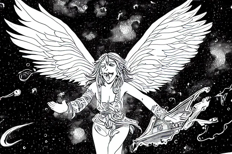 Prompt: angelic majestic winged lioness flying in outer space, black and white ink on paper, thick thick thick outlines, 8k high quality detailed art, trending on art station, super wide angel, manga art, by Eiichiro Oda