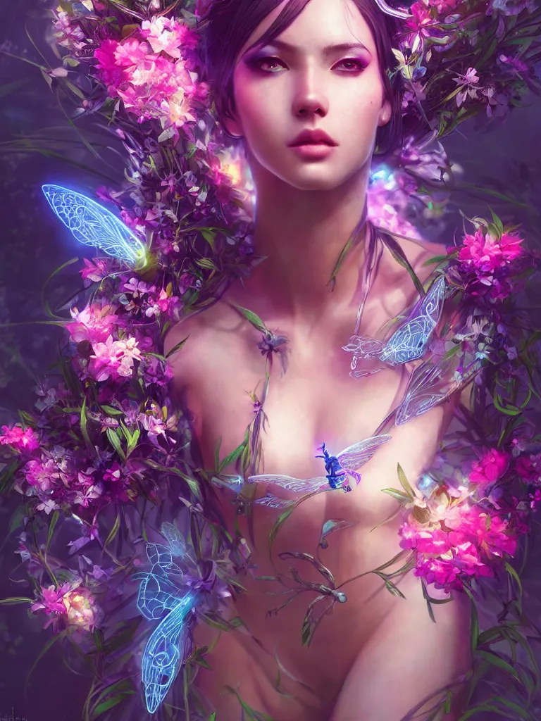 Image similar to half body portrait of a beautiful cyber fairy, in a cyberpunk garden, elegant pose, body covers with neon flowers, realistic digital art, artgerm, craig mullins, huang guangjian