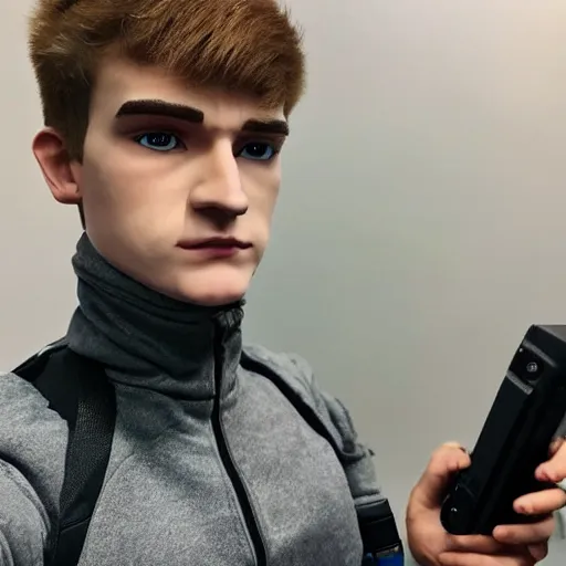 Image similar to “a realistic detailed photo of a guy who is an attractive humanoid who is half robot and half humanoid, who is a male android, twitch streamer Ninja Tyler Blevins, shiny skin, posing like a statue, blank stare, gaming room, close up”