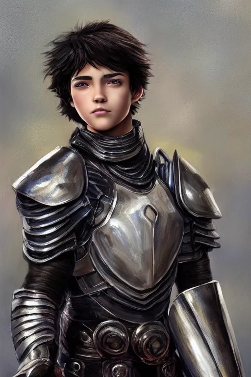 Image similar to a male teenager wearing a silver plate armor, short black hair, artgem style, fancy lighting, complementary colours, face portrait, harmonious, soft colors, digital painting, masterpiece, realistic and detailed face, color painting, realistic, highly detailed, high quality, portait picture, anatomically correct, pixar and disney style, anime style