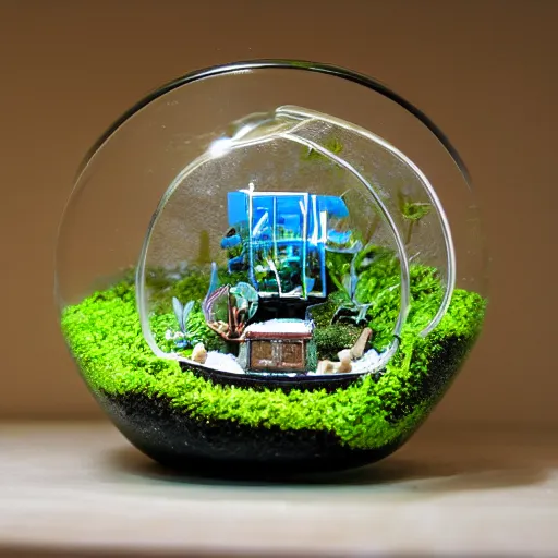 Prompt: a terrarium with nuclear power station diorama inside on top of a minimalist table, lit from the side
