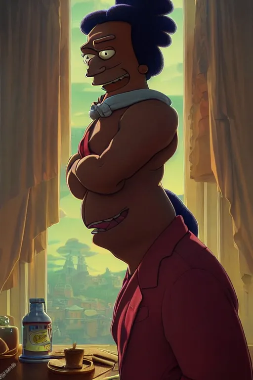 Image similar to clear portrait of apu from the simpsons, cottagecore!!, mafia background hyper detailed, character concept, full body, dynamic pose, intricate, criminal appearance, highly detailed, digital painting, artstation, concept art, smooth, sharp focus, illustration, art by artgerm and greg rutkowski and alphonse mucha