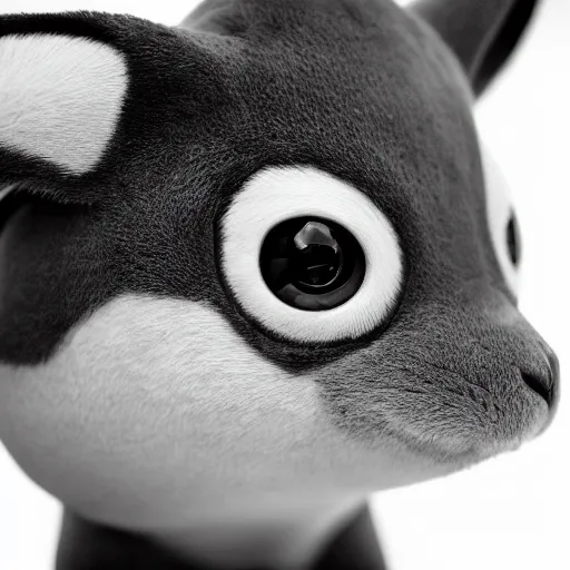 Image similar to symmetrical, close up face portrait of a Pokémon, scowling, studio lighting, depth of field, photography, black and white, highly detailed