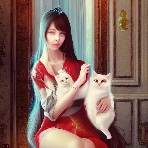Image similar to portrait of a russian princess in her castle holding a cat in her hand, in the style of ilya kuvshinov and miho hirano, artstation, high quality art, super detail