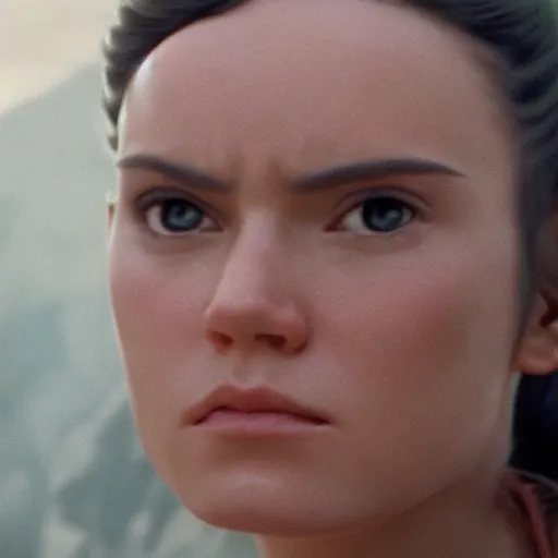 Image similar to Rey from Star Wars twenty years older as a Jedi Master