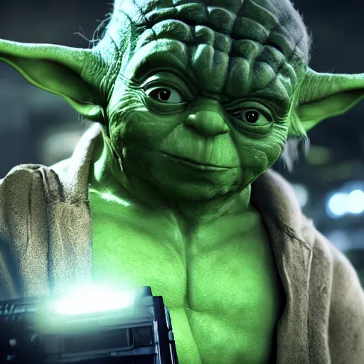 Image similar to yoda as the hulk the hulk in gears of war, splash art, movie still, cinematic lighting, dramatic, octane render, long lens, shallow depth of field, bokeh, anamorphic lens flare, 8 k, hyper detailed, 3 5 mm film grain