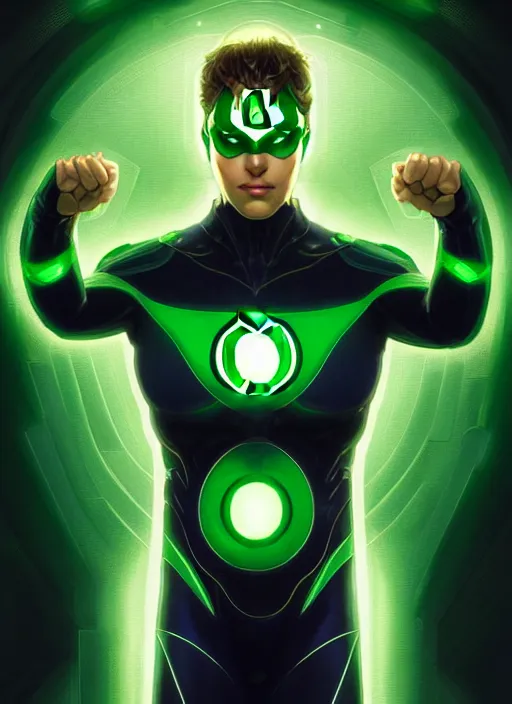 Image similar to symmetry!! portrait of green lantern, tech wear, glowing lights!! intricate, elegant, highly detailed, digital painting, artstation, concept art, smooth, sharp focus, illustration, art by artgerm and greg rutkowski and alphonse mucha