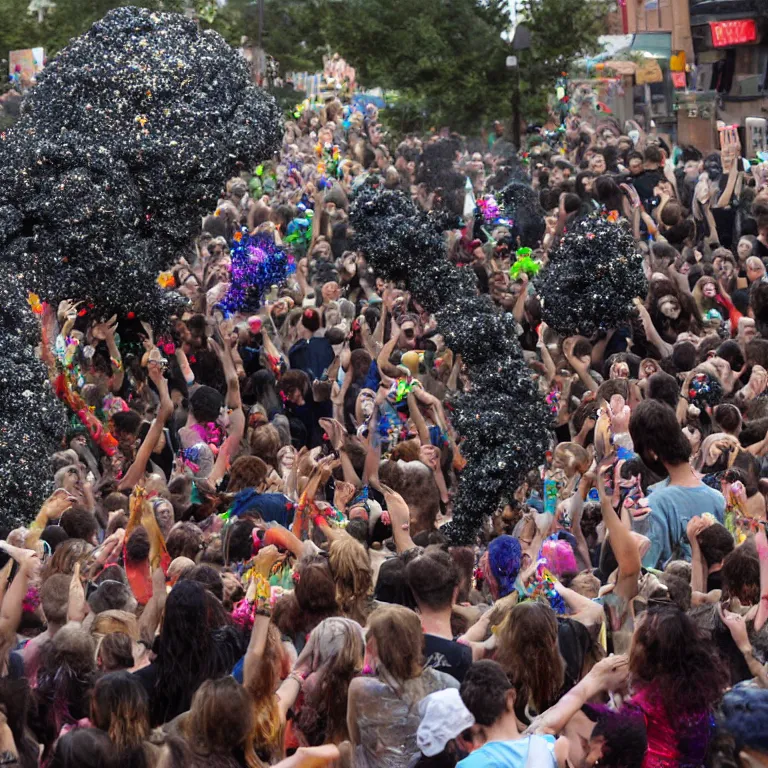 Image similar to huge explosion with mushroom cloud, glitter bomb, paint splatters, crowd of people get covered in paint and glitter