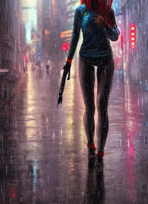 Image similar to girl, cyberpunk, goggles, pilot, standing in the rain with an umbrella, wet, raindrops, reflections, detailed city background, portait, made by stanley artgerm lau, wlop, rossdraws, james jean, andrei riabovitchev, marc simonetti, yoshitaka amano, artstation