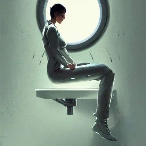 Image similar to concept art by greg rutkowski, a very tall, and slender woman, wearing utilitarian jumpsuit, sitting in the giant washing machine with circle window, brutalist futuristic interior, dark lighting atmosphere, detailed portraits, nostalgic atmosphere, scifi, digital painting, artstation, concept art, smooth, sharp foccus ilustration, artstation hq