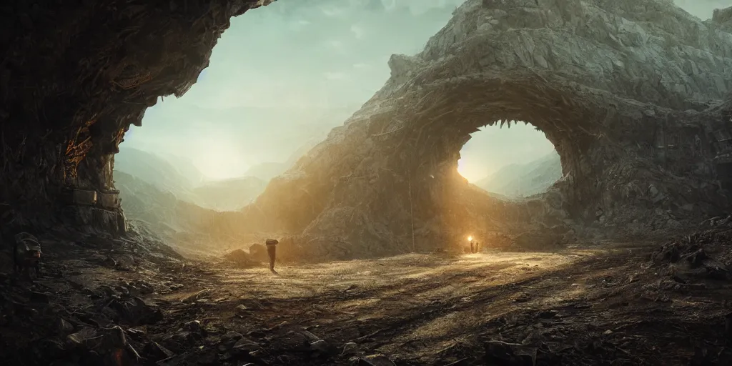 Image similar to an ultra realistic, cinematic, fantasy landscape, with a deserted coal mine entrance into the mountain, detailed, deep focus, movie still, dramatic lighting, ray tracing, by wlop and ross tran