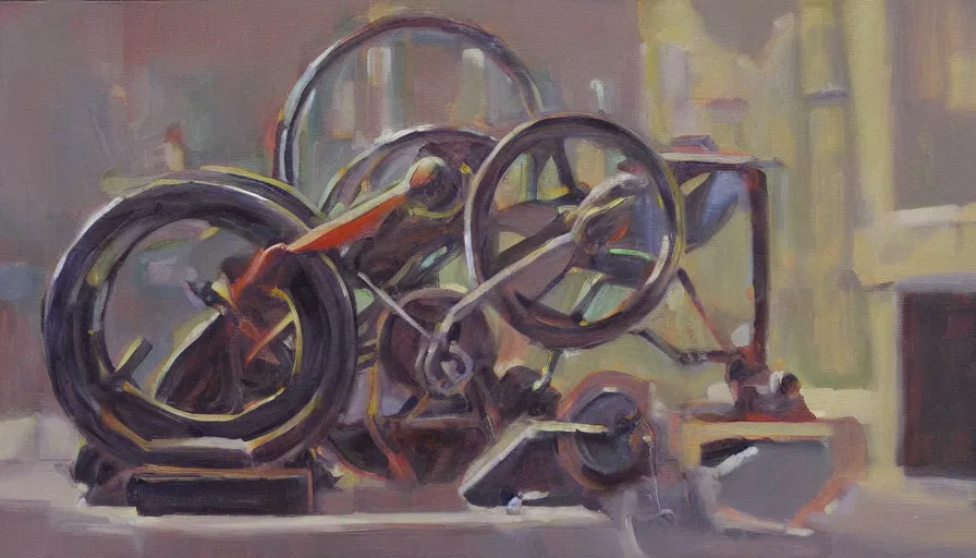 Image similar to perpetual motion machine, oil painting