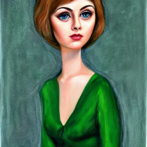 Prompt: portrait of a beautiful woman in green in the style of Margaret Keane, realistic, highly detailed, HD, 4k