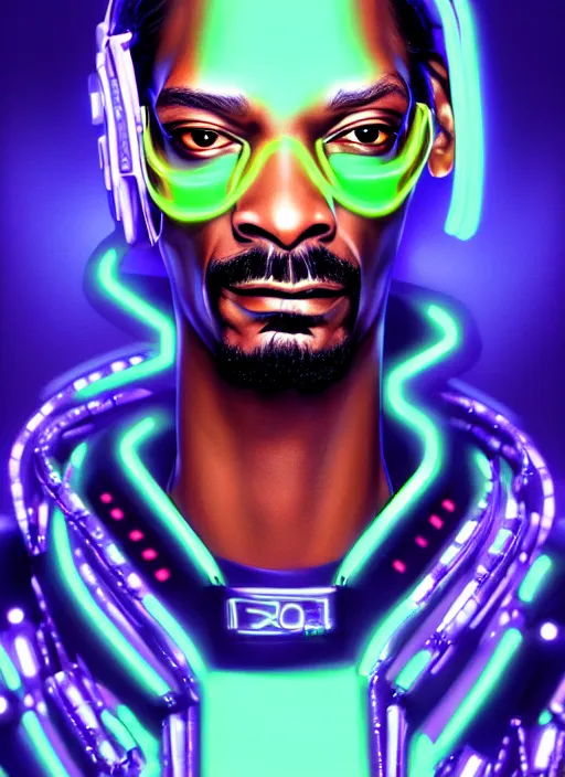 Image similar to portrait of snoop dog cyber humanoid, intricate, elegant, cyber neon lights, highly detailed, digital painting, artstation, glamor pose, concept art, smooth, sharp focus, illustration, art by artgerm and greg rutkowski