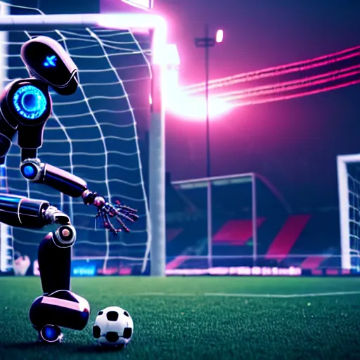 Image similar to a cyberpunk robot kicking a soccer ball in a soccer game, hyperrealistic, unreal engine, octane render, 3 d, 8 k, make it look like it was made by dall - e 2