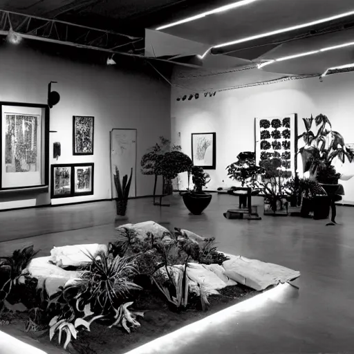 Prompt: A black and white photographie of an exhibition space with works of Sun Ra, Marcel Duchamp and tropical plants