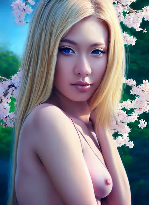 Image similar to photo of a gorgeous blonde female in the style of stefan kostic, realistic, half body shot, sharp focus, 8 k high definition, insanely detailed, intricate, elegant, art by stanley lau and artgerm, extreme blur cherry blossoms background