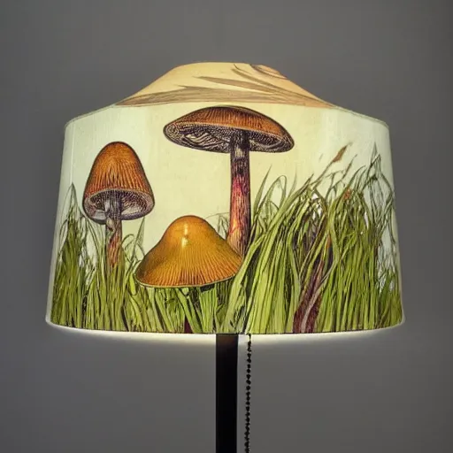 Prompt: beautiful victorian art nouveau mushroom shaped lampshade, river reeds duckweeds close up abstract mallard feathers, mucha tiffany kilian eng