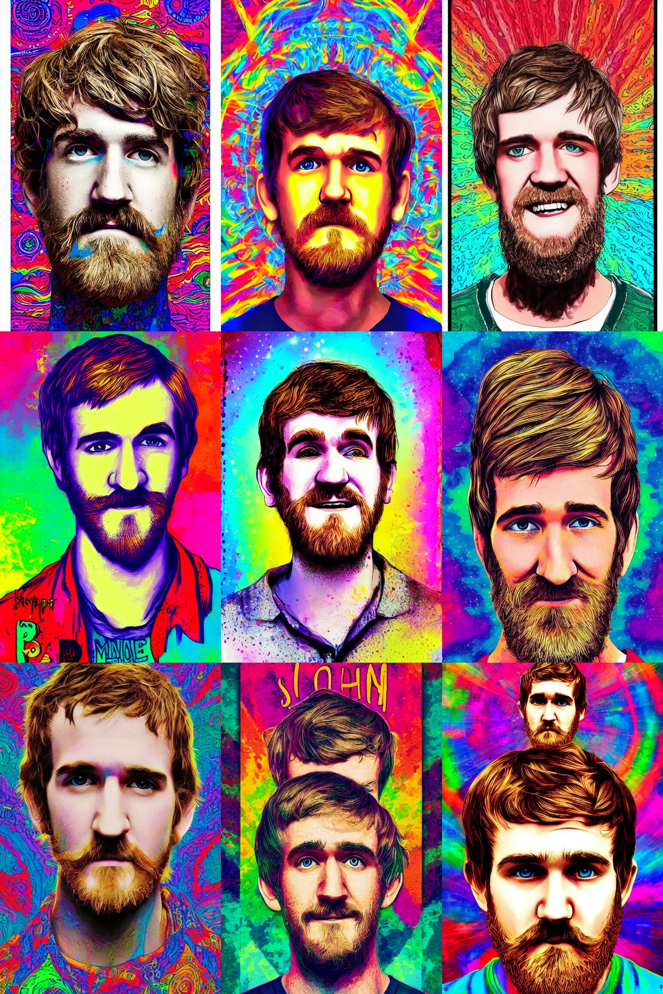 Image similar to inspirational style hope poster of bo burnham with beard, psychedelic colors, highly detailed, realistic, loving