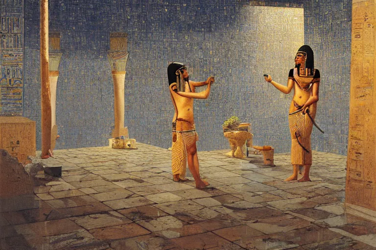 Image similar to painting of the ancient egypt at nigth, raining, full moon, romantic, by ludwig deutsch and maxfield parrish, patterned tilework, extremely detailed, cinematic lighting, smooth sharp focus