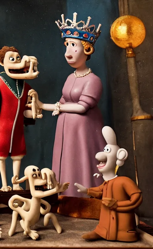 Image similar to god saves the queen, claymation, epic, ( ( renaissance painting ) ), in the style of wallace and gromit