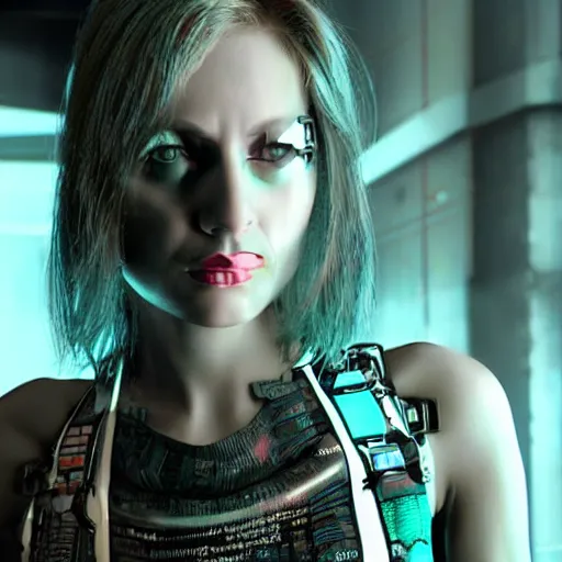 Image similar to molly millions cyberpunk razorgirl, still from movie, high detail