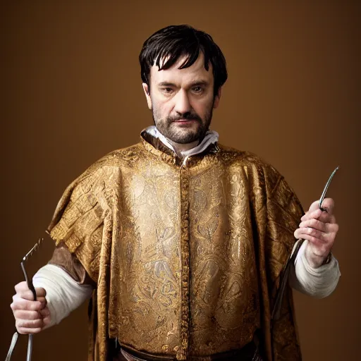 Image similar to richard iv the roman king, real human wearing cashmere shirt, soft studio lighting, sigma lens photo,