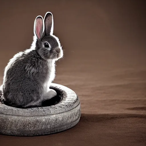 Image similar to a cute easter bunny sitting on a tire, studio photo, high quality