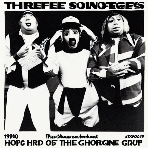 Prompt: an album cover for the three stooges as a hip hop group in 1980