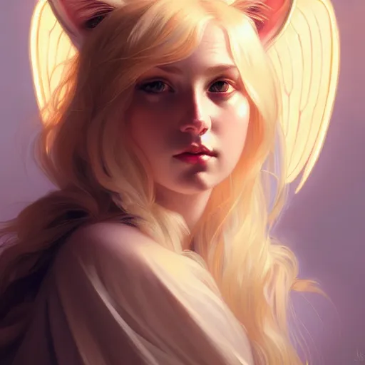 Image similar to Portrait of a girl angel with blonde hair, cat ears, glowing halo, wings, fantasy, intricate, elegant, highly detailed, digital painting, artstation, concept art, smooth, sharp focus, illustration, art by Krenz Cushart and Artem Demura and alphonse mucha