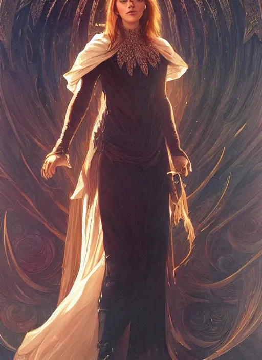 Image similar to Emma Watson as Lucifer morningstar, very detailed, digital art, concept art, illustration, trending on ArtStation, art byvgreg rutkowski and alphonse mucha and J. C. Leyendecker and Edmund Blair Leighton and Ashley wood